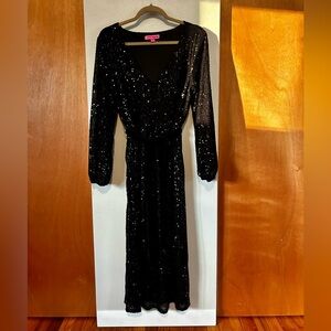 Betsy Johnson sequence midi dress with velvet waist tie and side slits; sz large